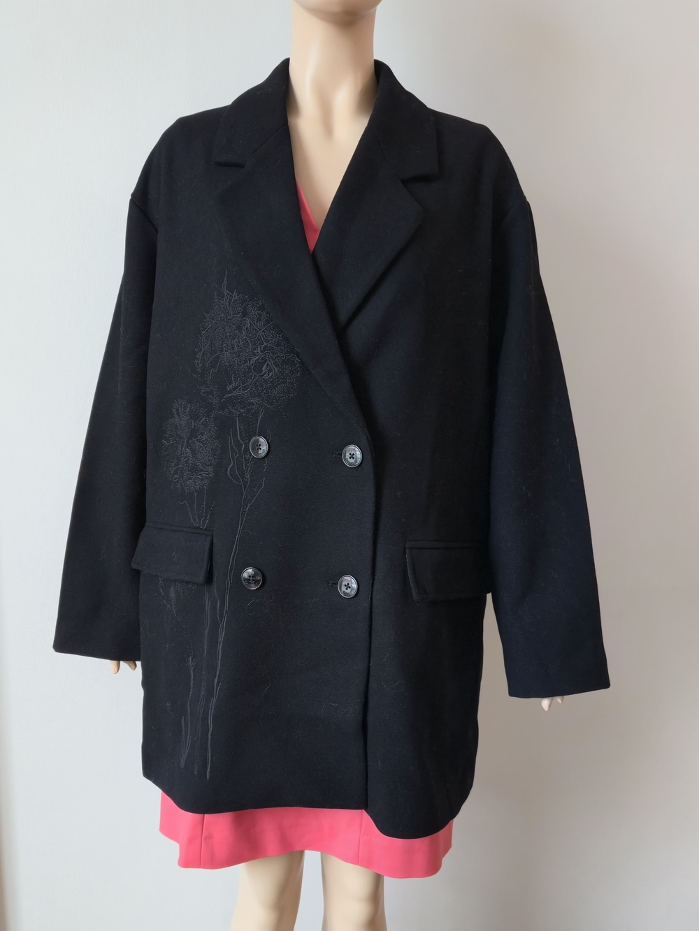 Desigual Wool/Bl Black Double-Breasted Jacket with Subtle Floral Embroidery XL